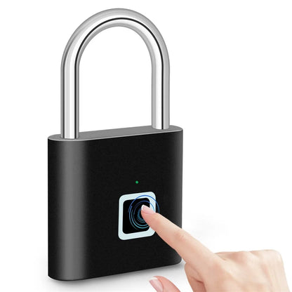 Biometric fingerprint padlock with sleek black design and steel shackle