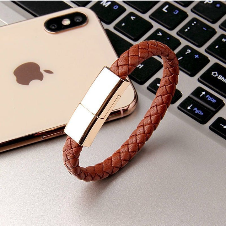 Leather-style braided charging bracelet with hidden USB connector