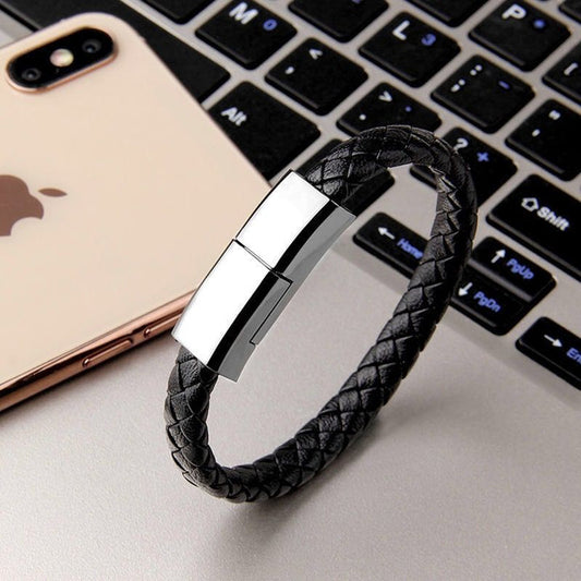 Stylish black braided charging bracelet with sleek silver clasp for smartphones