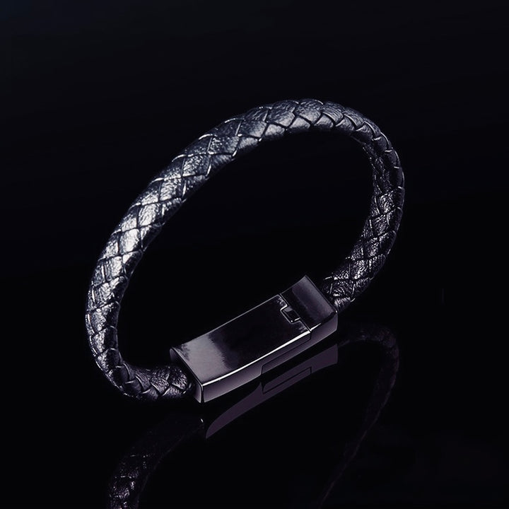 Fashionable braided leather charging bracelet with USB-C connector