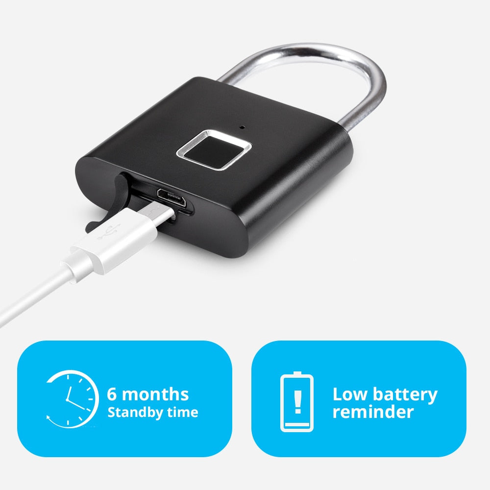 Smart fingerprint padlock showcasing LED indicator and USB charging port